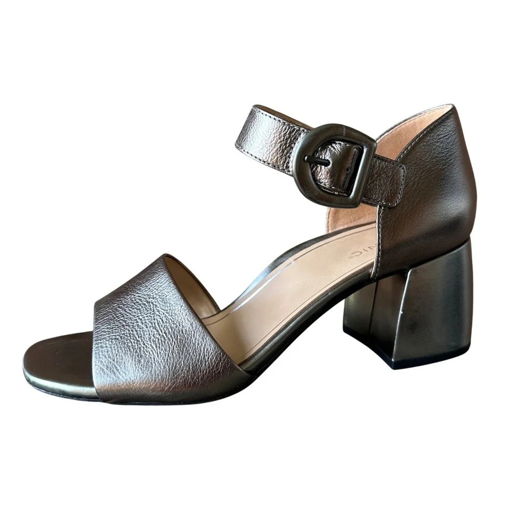 Vionic Chardonnay Pewter Metallic Leather Block Heel Sandal Comfort 10 Orthoped